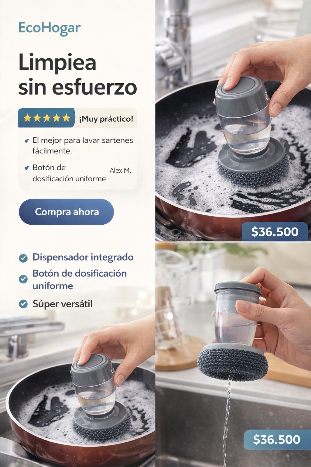 Limpia Sin Esfuerzo – Cepillo Esponja con Dispensador de Jabón Integrado
